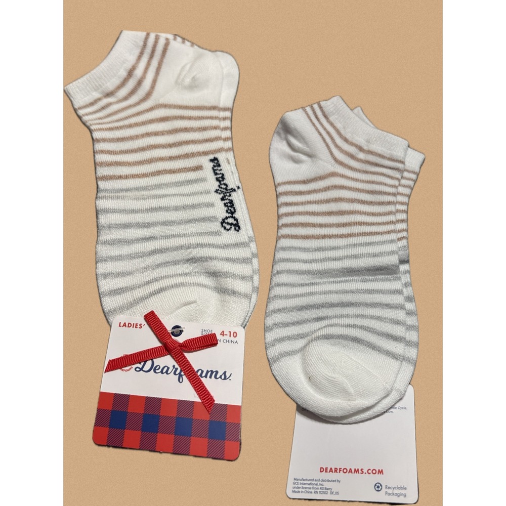 Dearfoams Ladies Low Cut Socks Tan-Gray Striped Ribbed Cuff Size 4-10 -2 Pairs